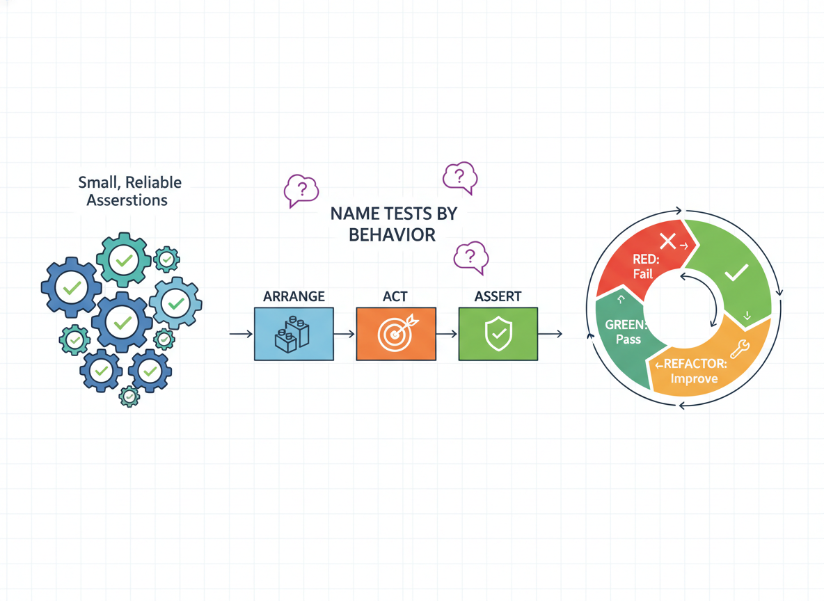 Testtänkande — små assertioner, AAA, röd→grön→refaktorering — illustration 1