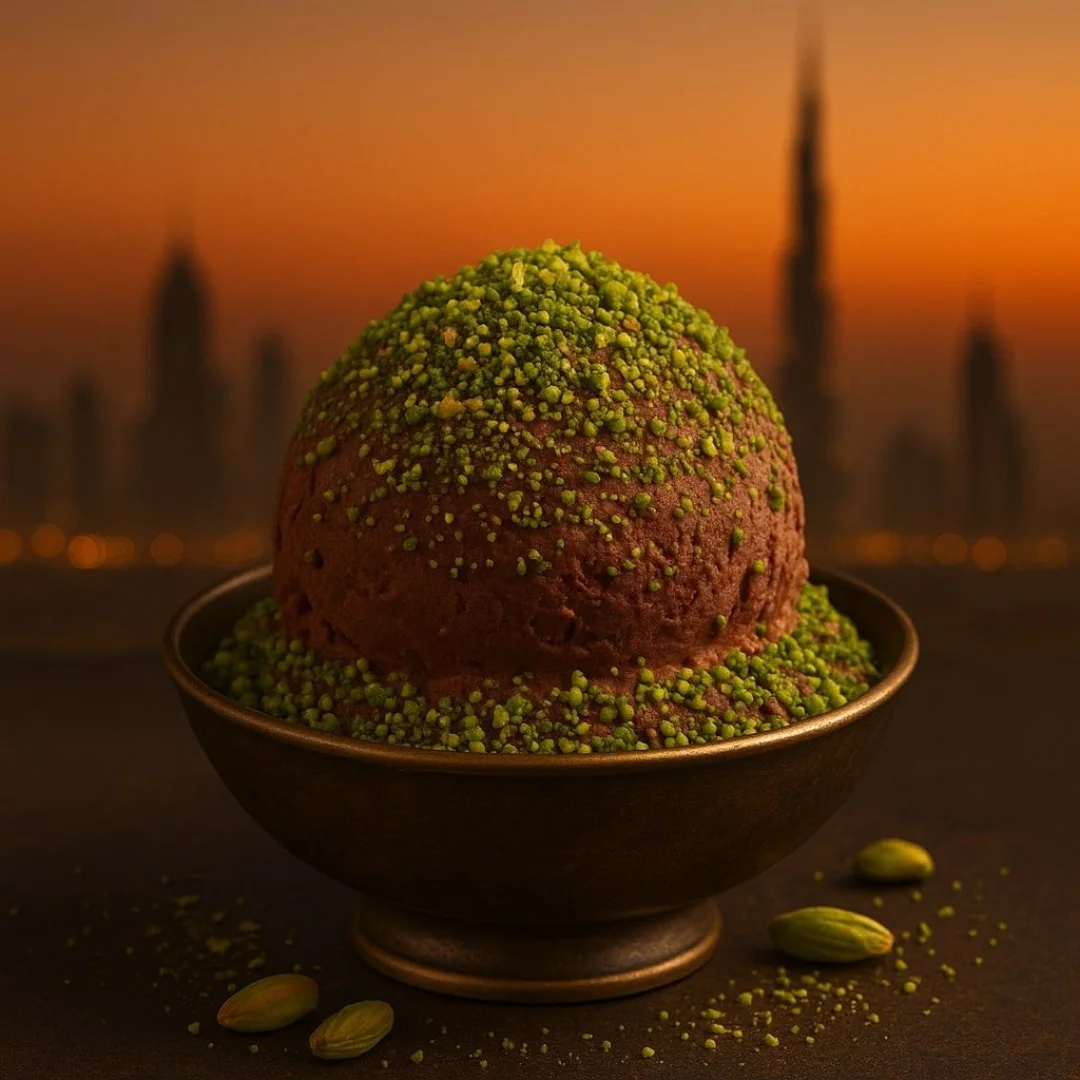 Pistachio dome cake with sunset view